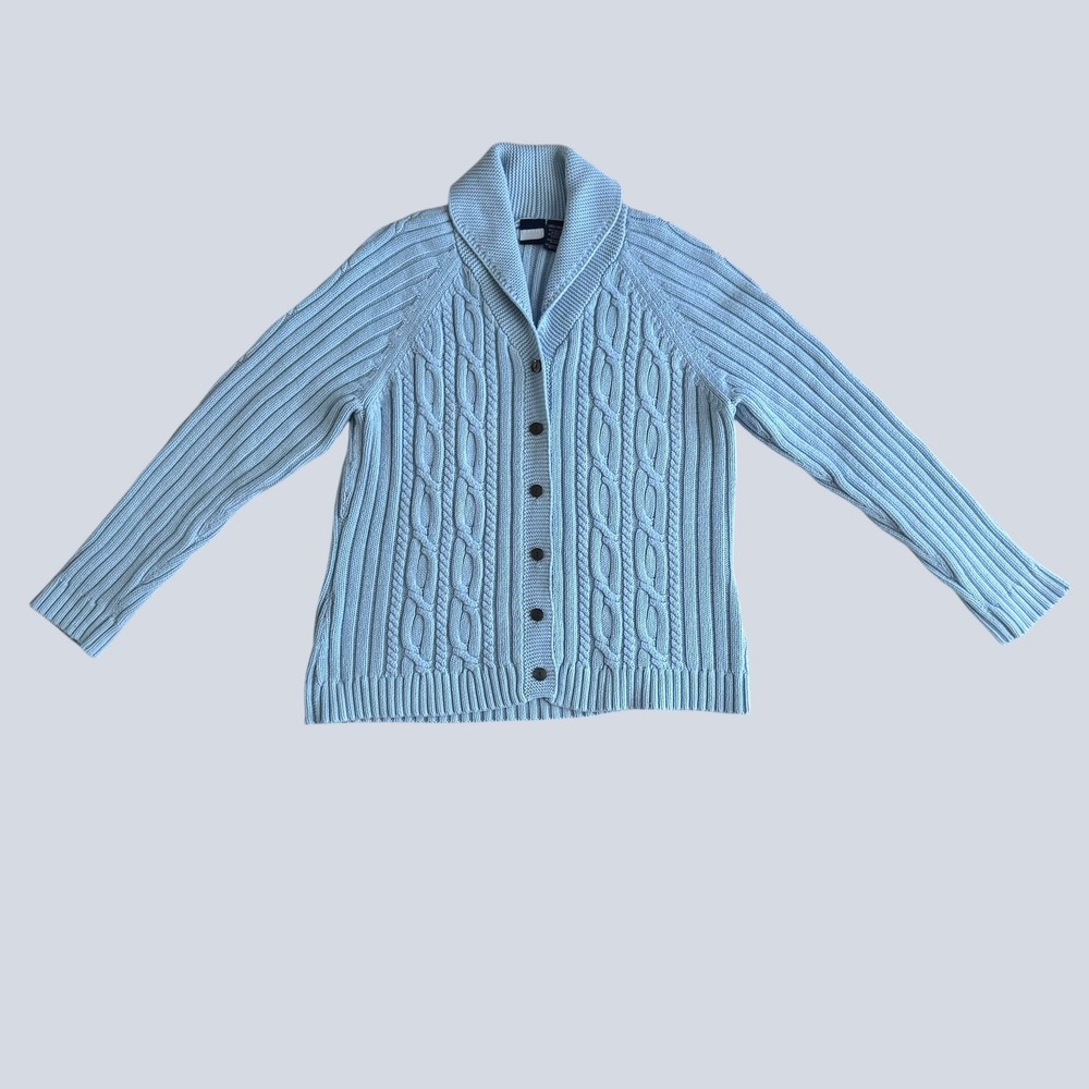 Basic Editions Preppy Light Blue Cable Knit Shawl Collar Cardigan Large Sweater